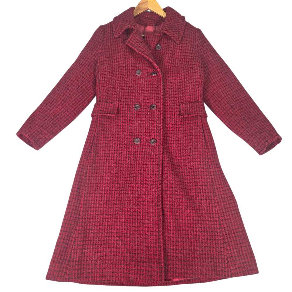 Vintage 60's Harris Tweed Wool Coat‎ Womens Medium Red Houndstooth Long Jacket